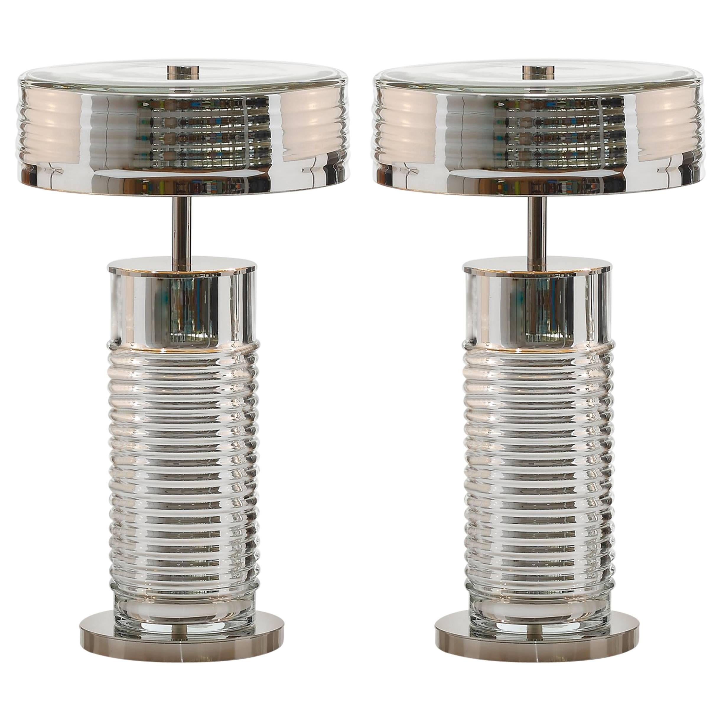 Pair of European Modern Glass, Brass, Nickel Venezia Art Deco-Inspired Table Lamps For Sale