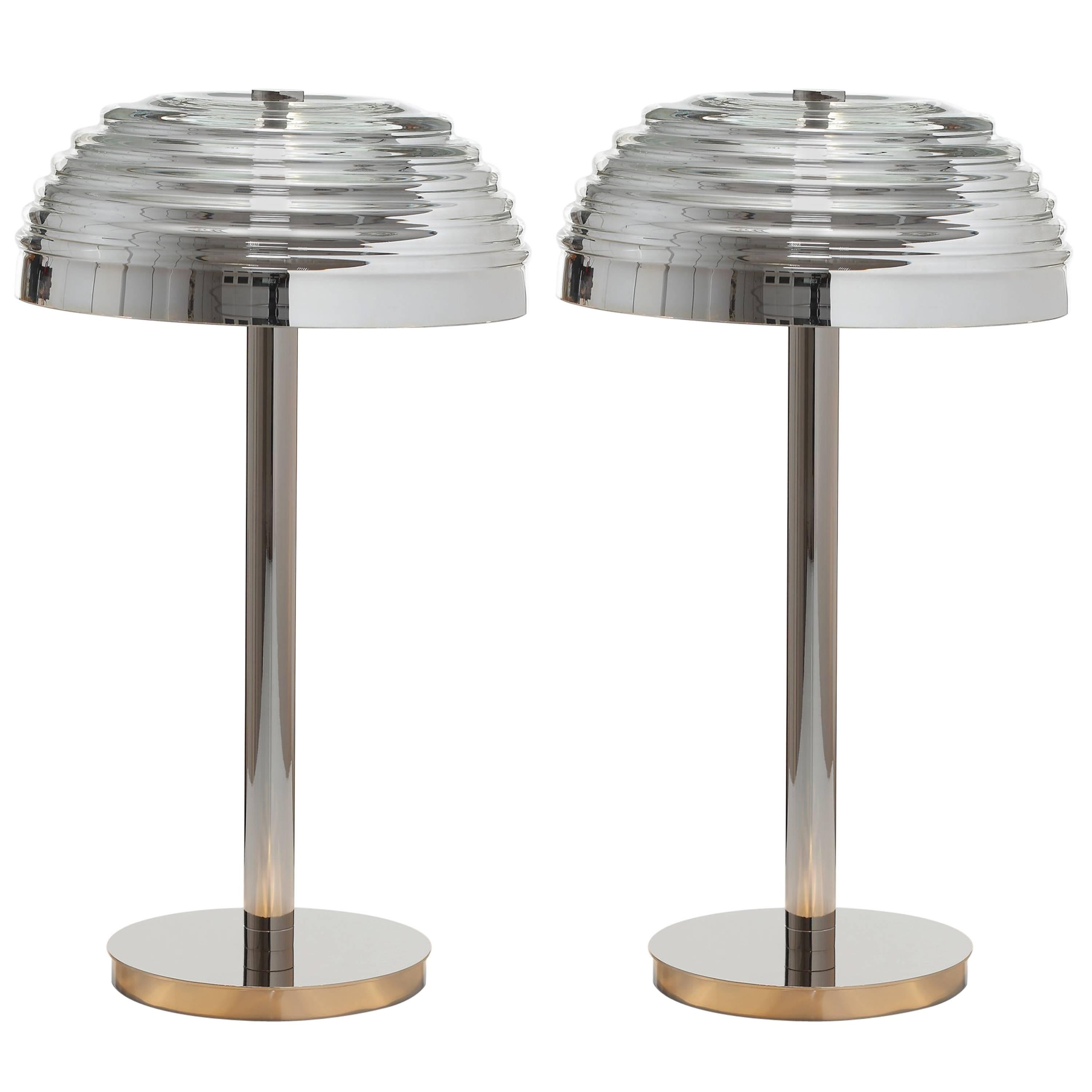 Pair of European Modern Art Deco-Inspired Nickel and Glass Roma Table Lamps For Sale