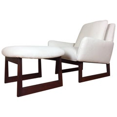 Stunning Jens Risom Lounge Chair and Ottoman Reupholstered in Cream Linen