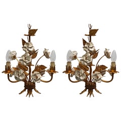 One of Two French Gilt Metal Chandeliers with Porcelain Flowers