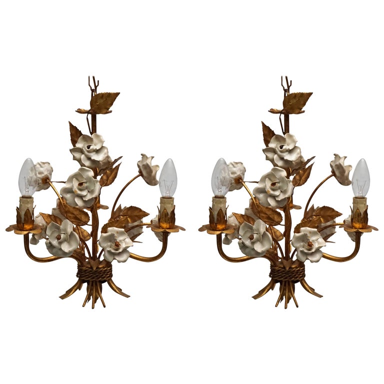 One of Two French Gilt Metal Chandeliers with Porcelain Flowers For Sale