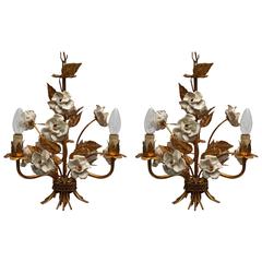 Pair of French Gilt Metal Chandeliers with Porcelain Flowers 1