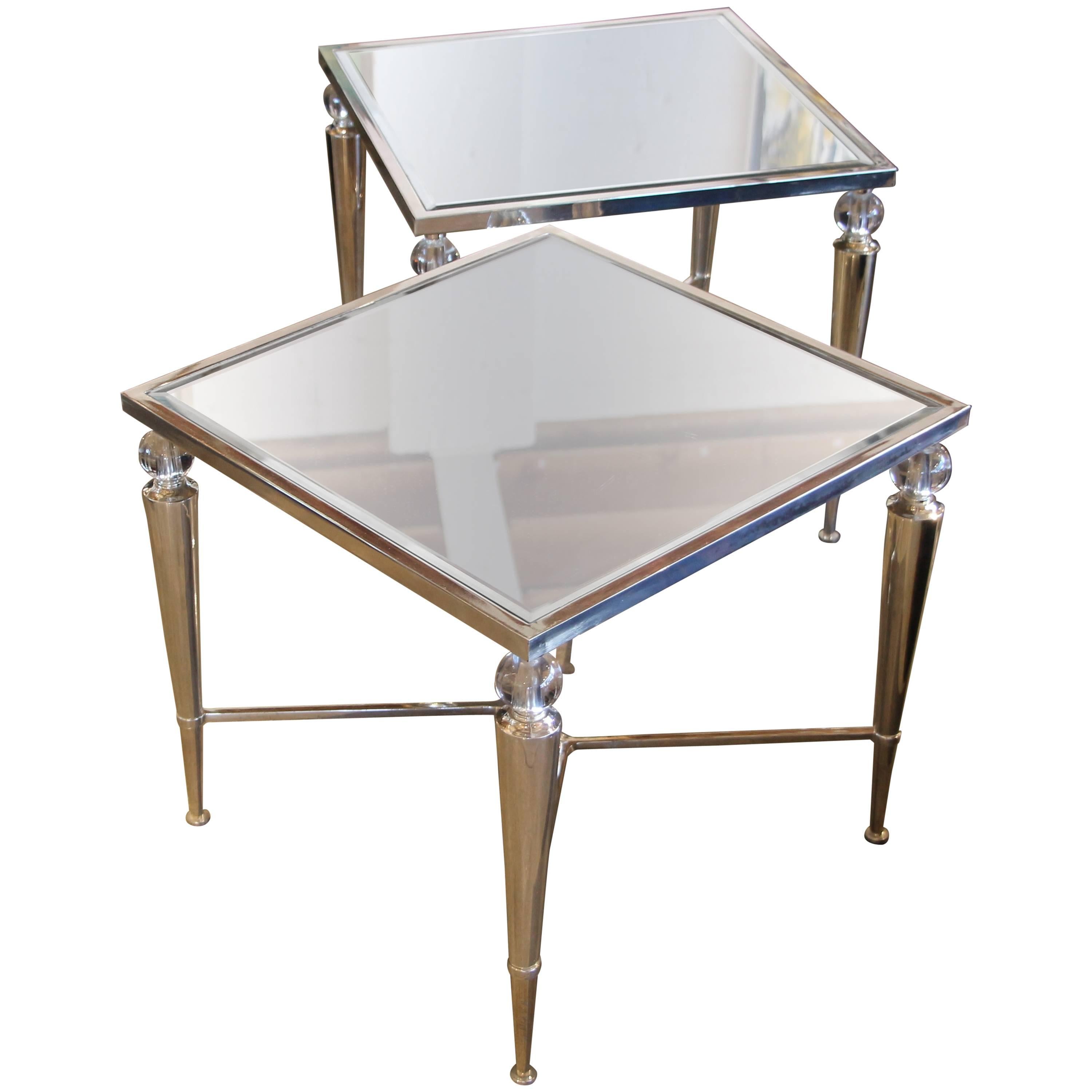 Two Elegant Mirror Top Silver and Glass Ball Tables