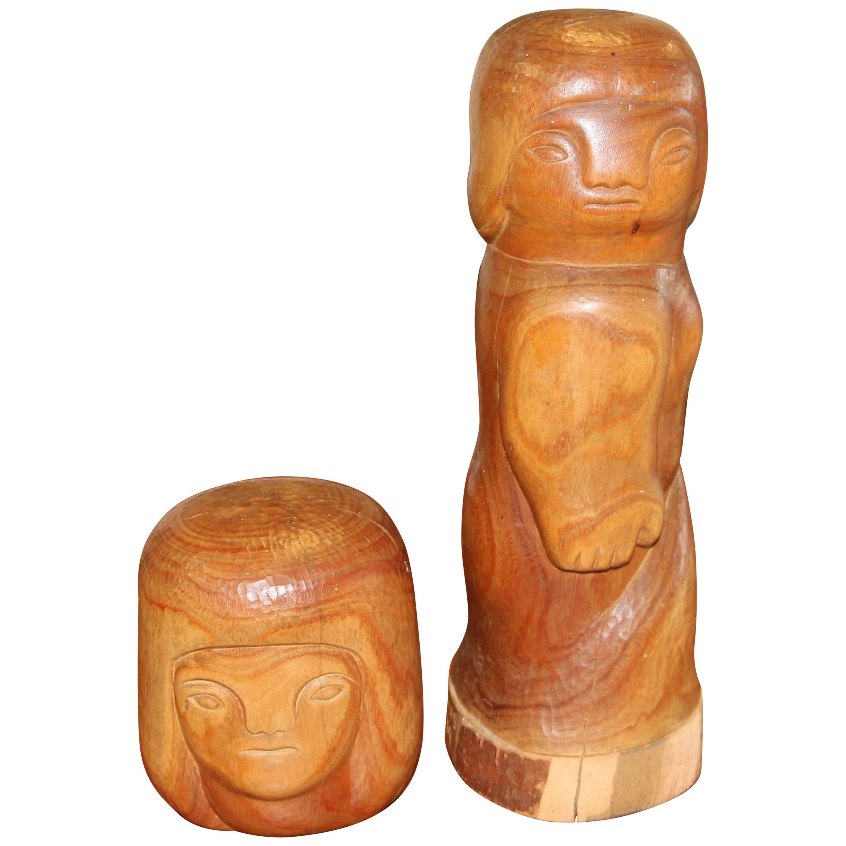 Two Figurative TOTEM Wood Carvings Signed Cardenas, 1939