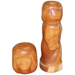 Two Figurative TOTEM Wood Carvings Signed Cardenas, 1939