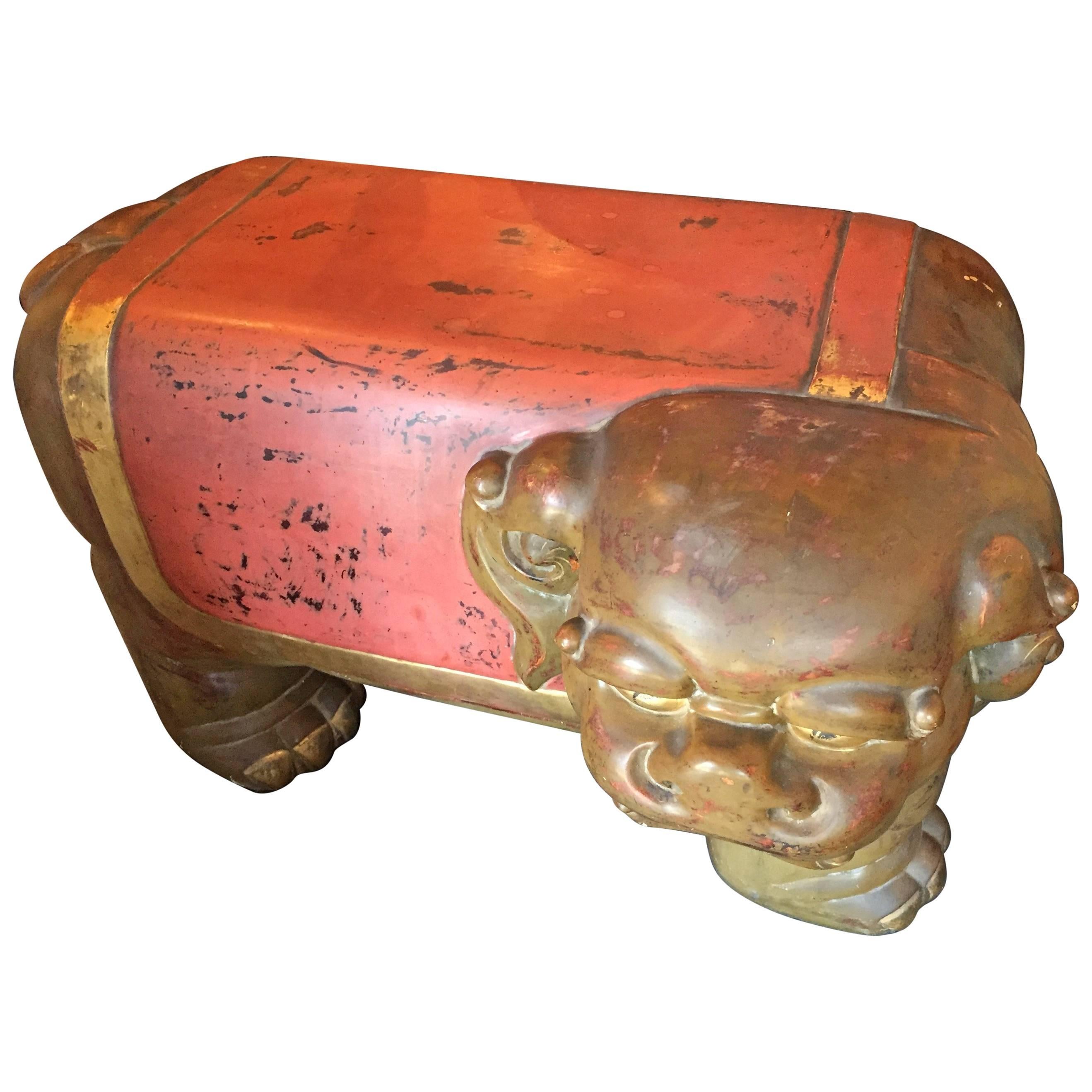 Kyoto Treasure, Japan Hand-Carved Lacquered Red & Gold Shishi Temple Bench, 1925