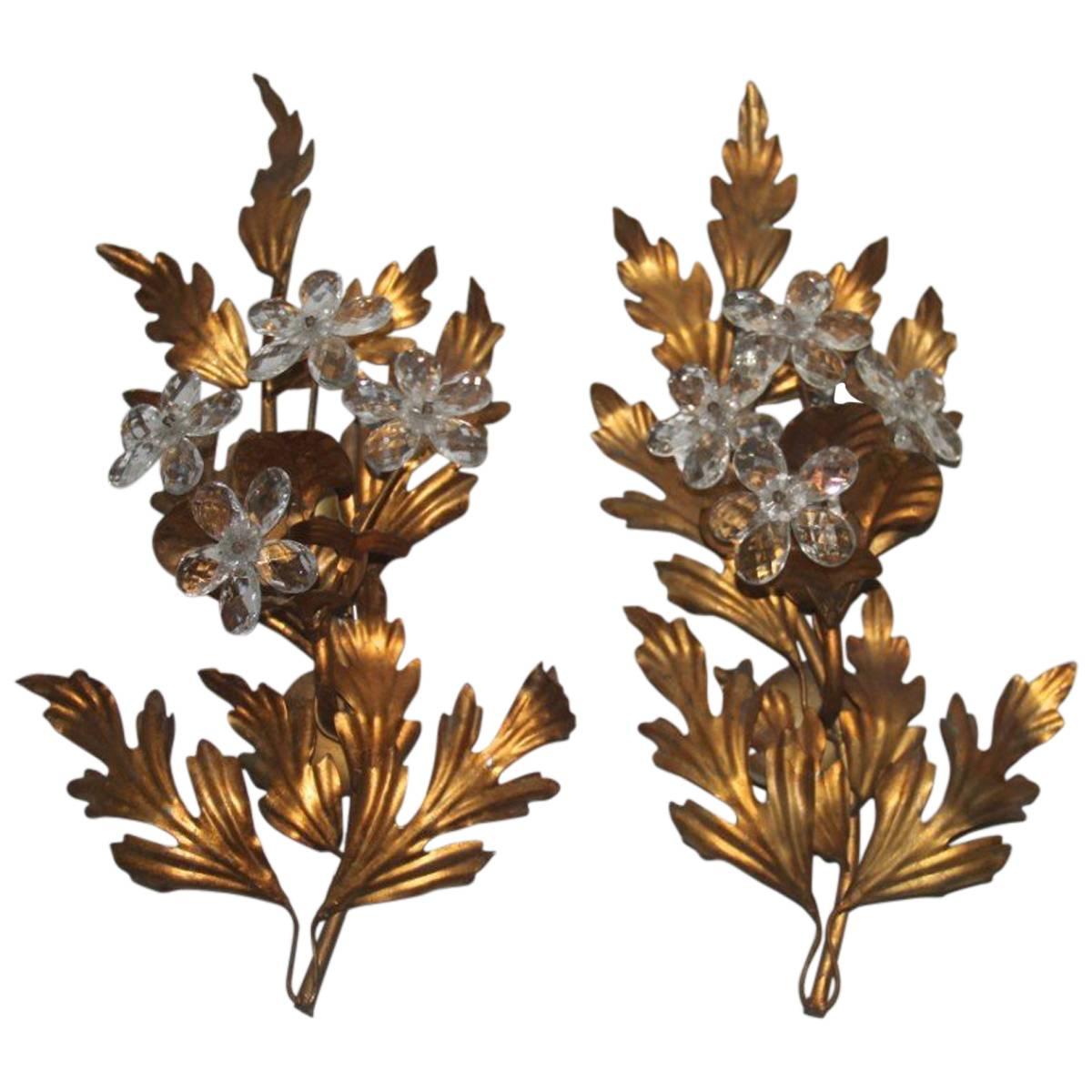 Pair of Sculpture Metal Sconces Crystal Design, 1950s, French For Sale