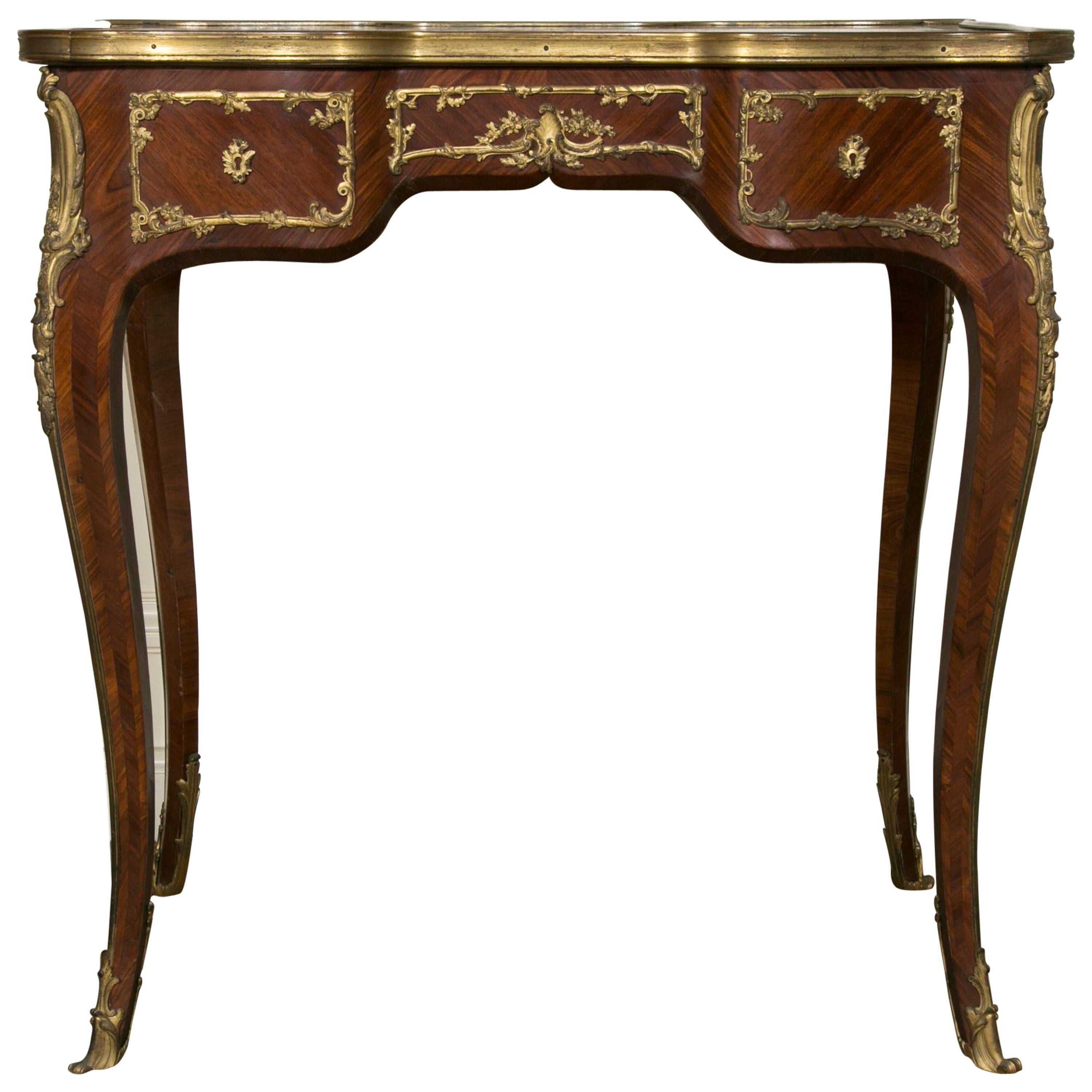 French Kingwood Marquetry and Ormolu Mounted LXV Style Table Signed Raulin For Sale