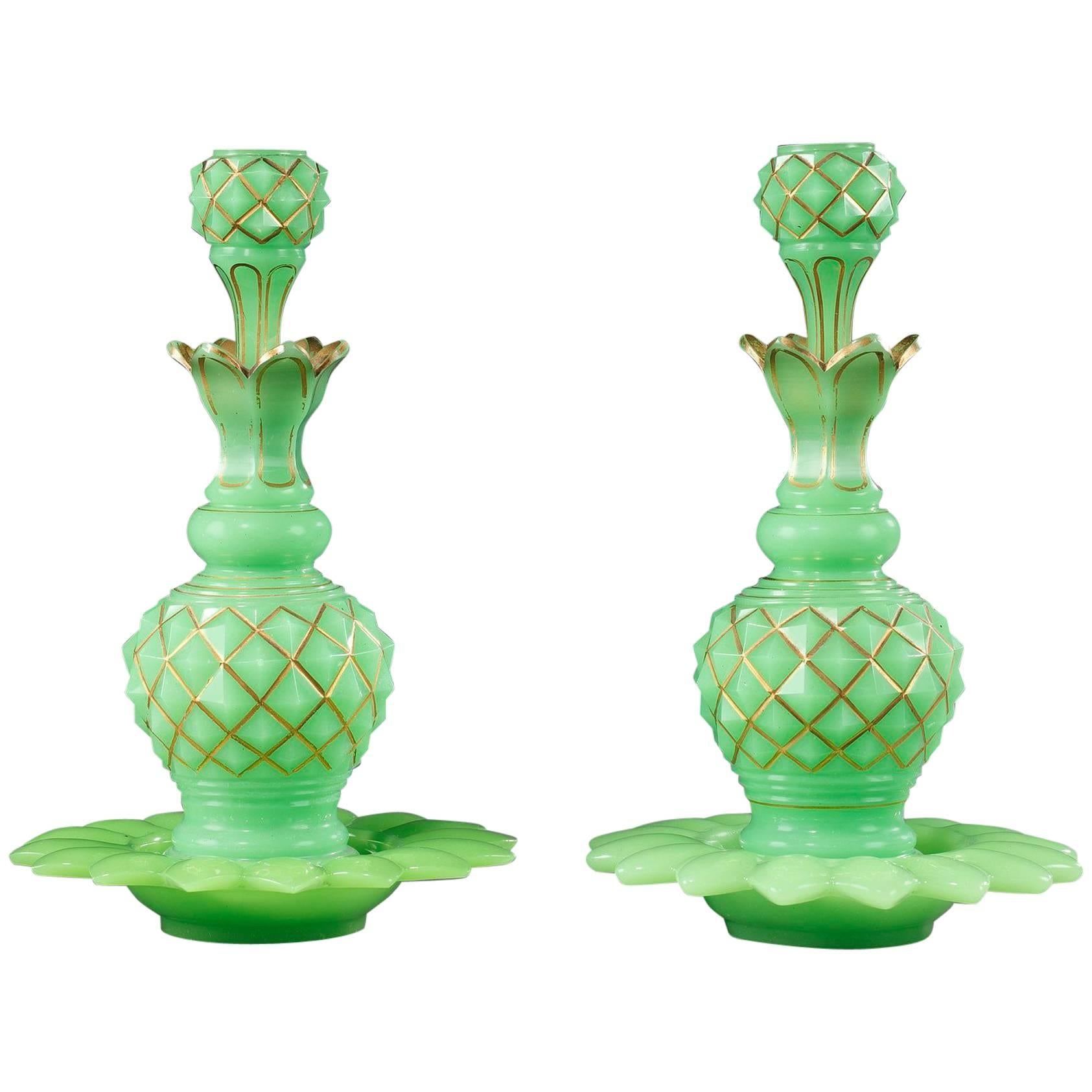 Mid-19th Century Pair of Green Opaline Flasks