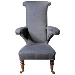 Interesting & Unusual English Linen Upholstered Walnut Armchair, circa 1825-1835