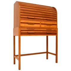 Retro Satin Wood, Mahogany and Oak Roll Top Bureau Vintage, 1950s