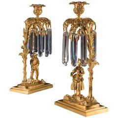 Antique 19th Century Rare Pair of Regency Gilt Brass and Cut Glass Lustre Candlesticks
