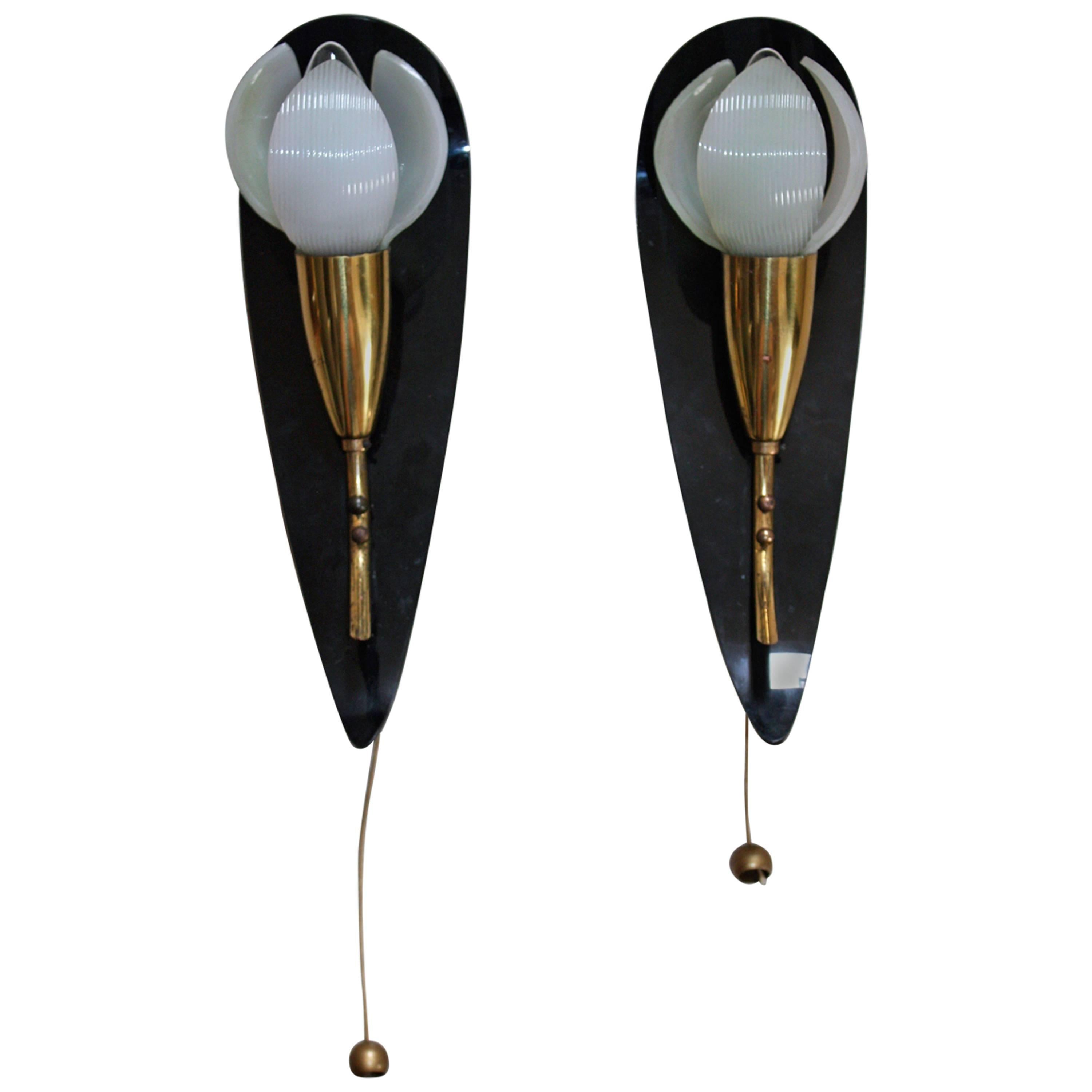 Pair of Mid-Century Wall Sconces Brass and Acrylic Flower