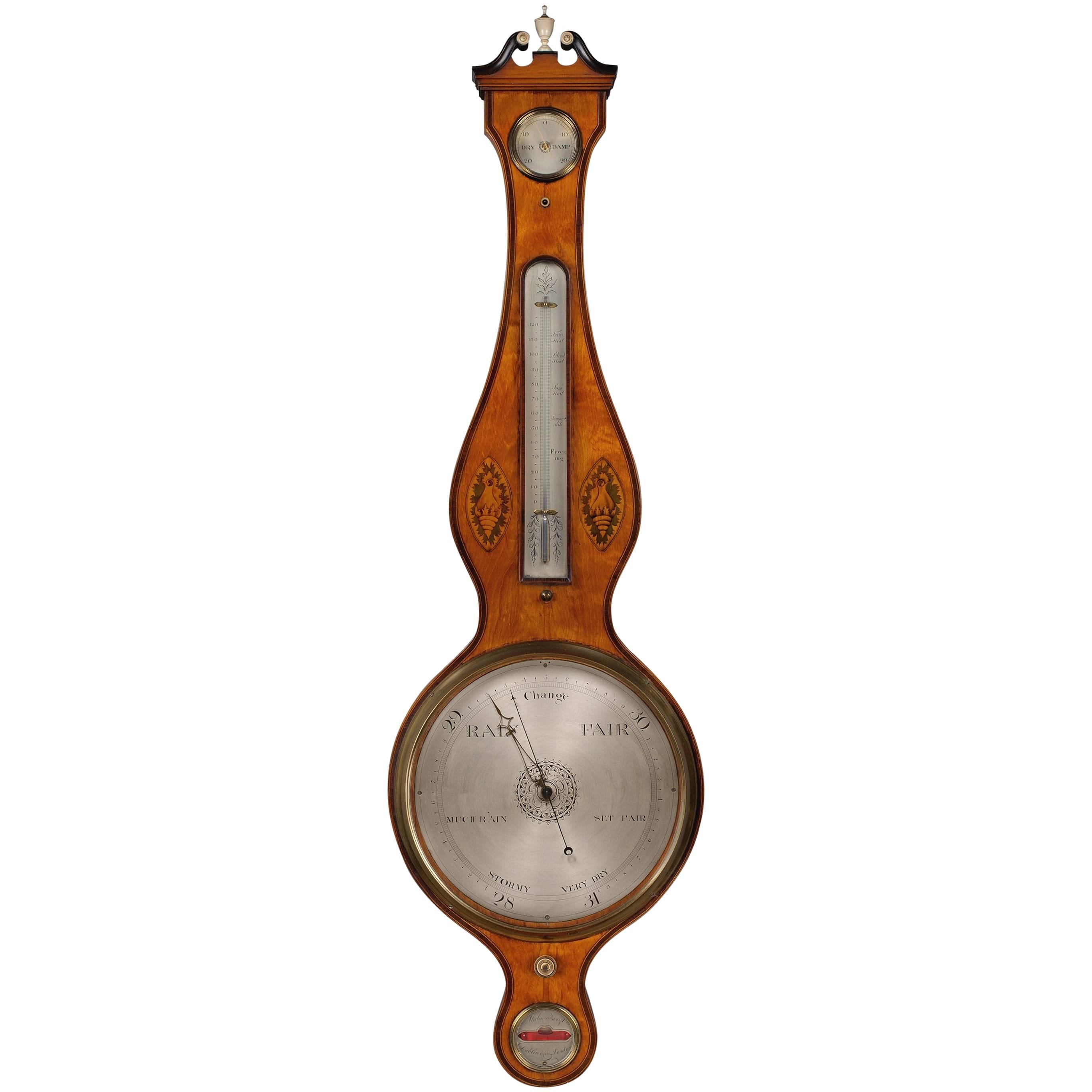 Early 19th Century Satinwood Banjo Barometer Malacrida and Co., London For Sale
