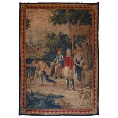 18th Century Large Aubusson Tapestry Outdoor Tavern Scene