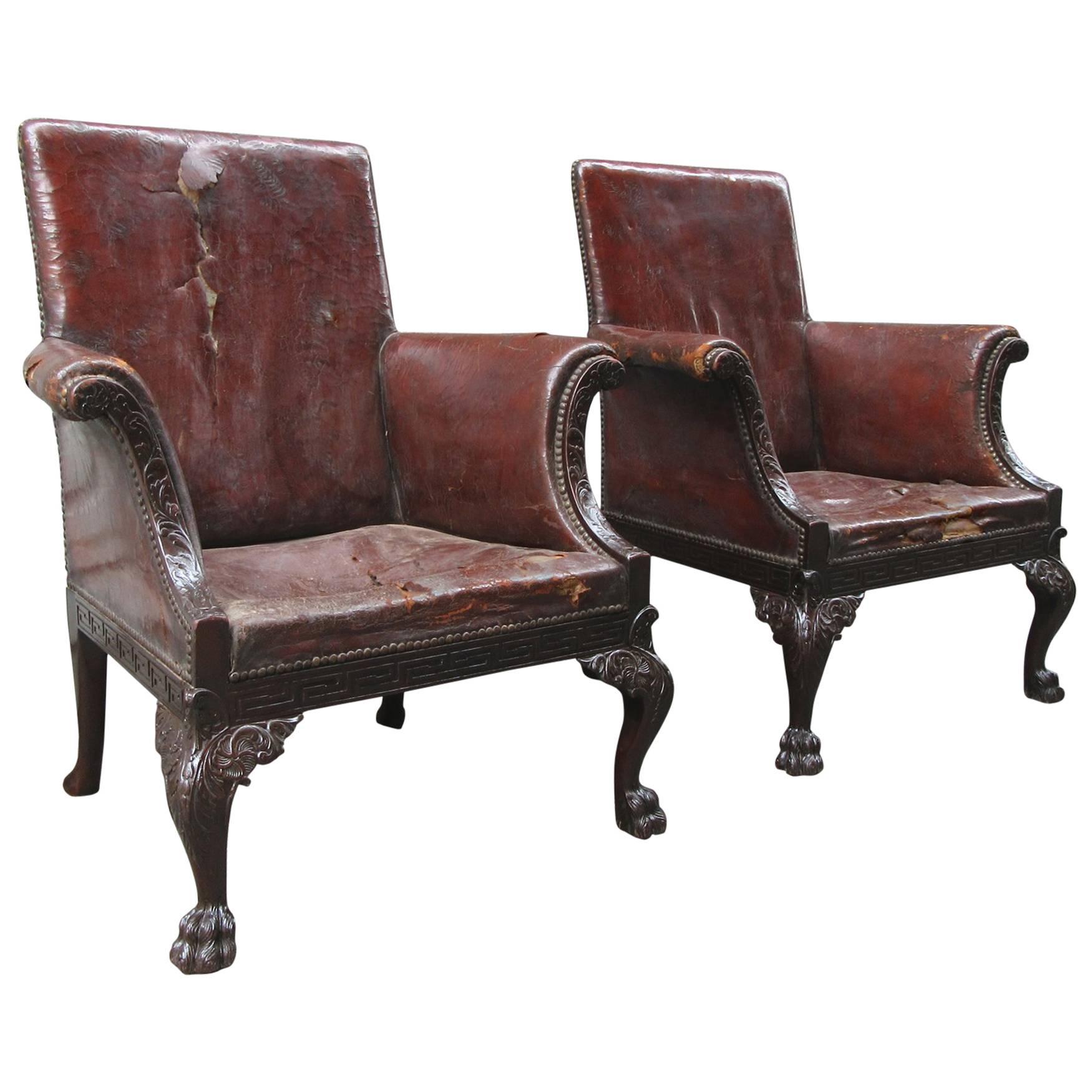 Large Pair of Early 19th Century Irish Chippendale Mahogany Library Chairs