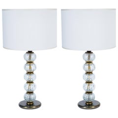 Pair of Mid-Century Murano Glass and Bronzed Brass Table Lamps by Barovier