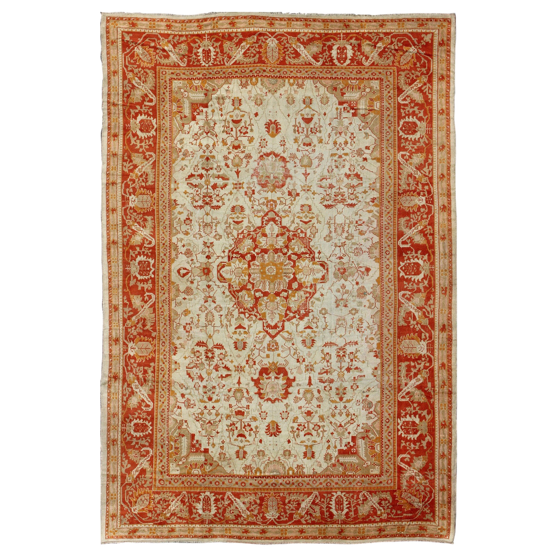 Antique Oushak Rug From Turkey With Floral Motifs In Red Antique Oushak Rug From Turkey With Floral Motifs In Red