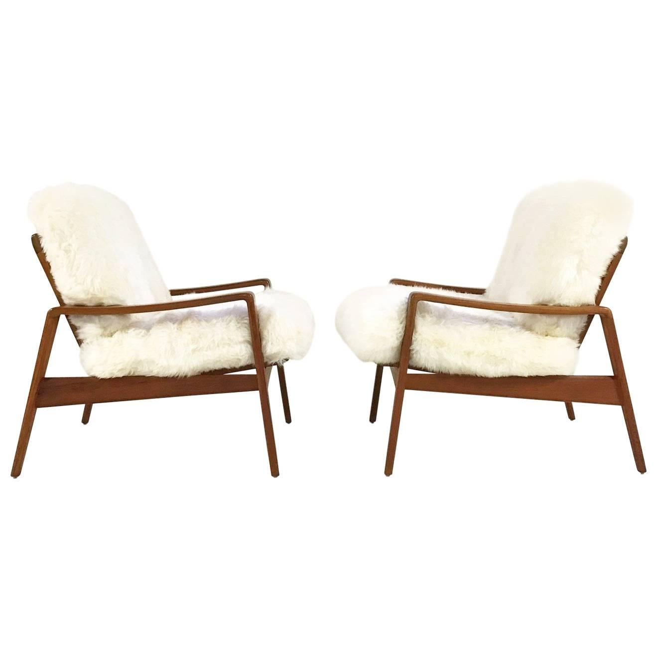 Pair of Danish Lounge Chairs by Arne Wahl Iversen for Komfort in Sheepskin