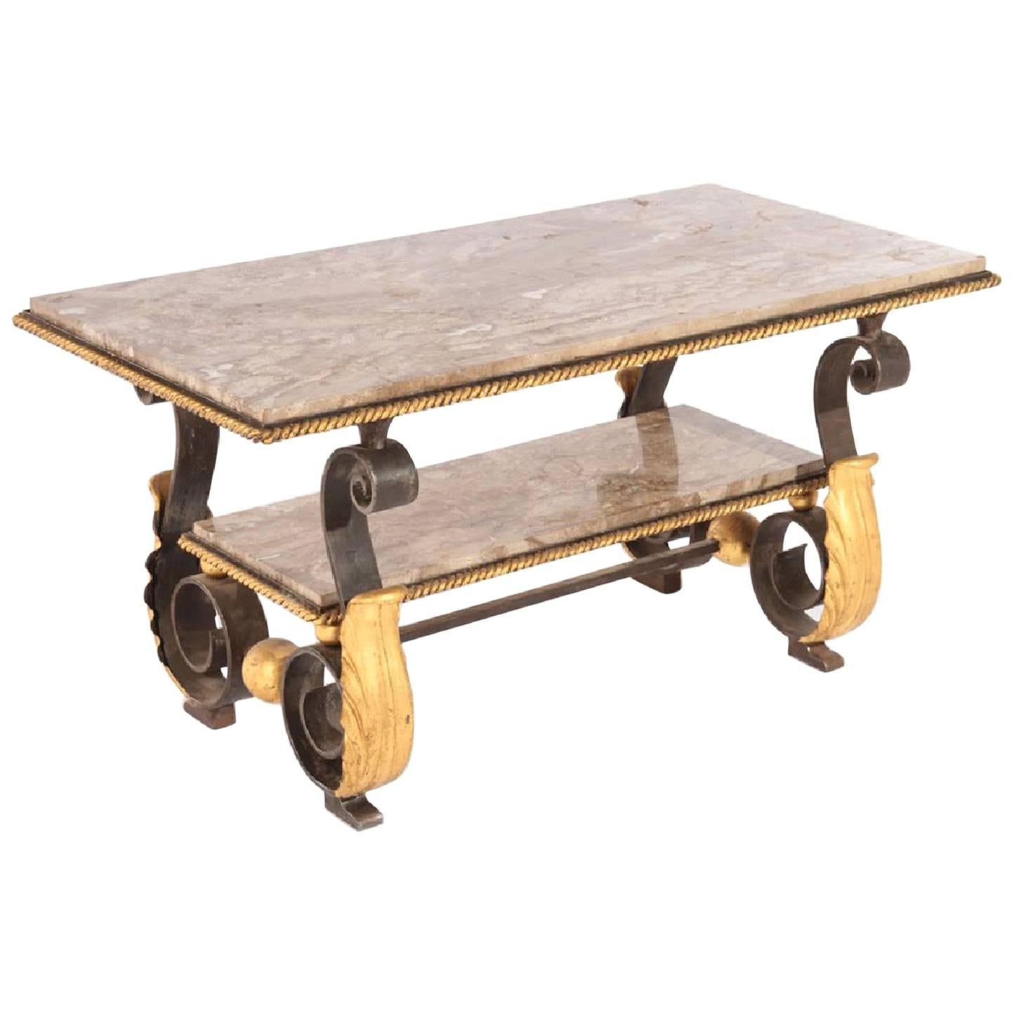 French Wrought Iron Coffee Table in the Manner of Gilbert Poillerat Marble Top For Sale