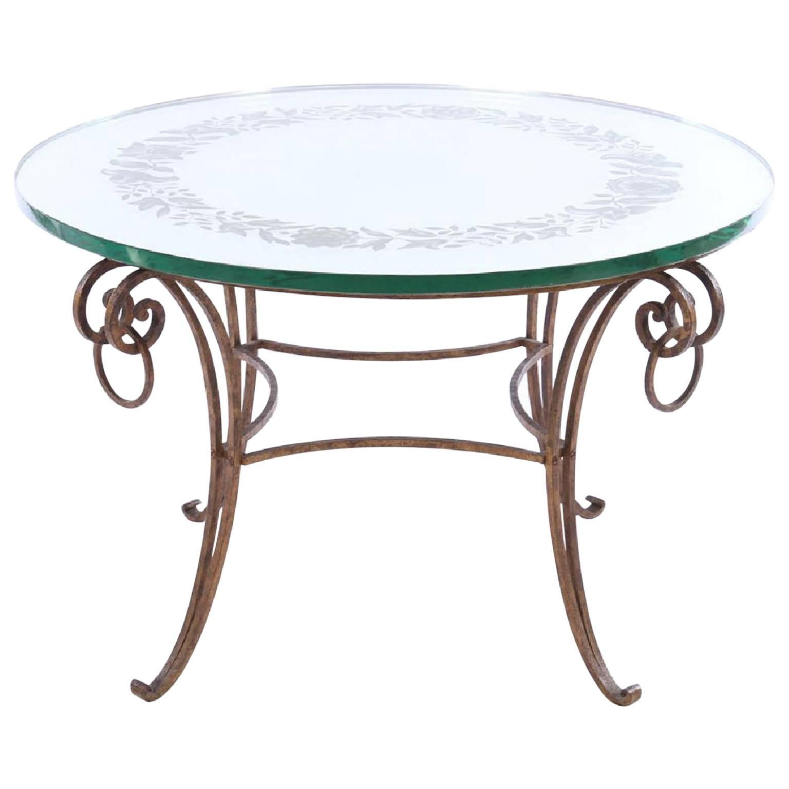 French Mirrored Coffee Table, style of Rene Drouet with Wrought Iron Base For Sale