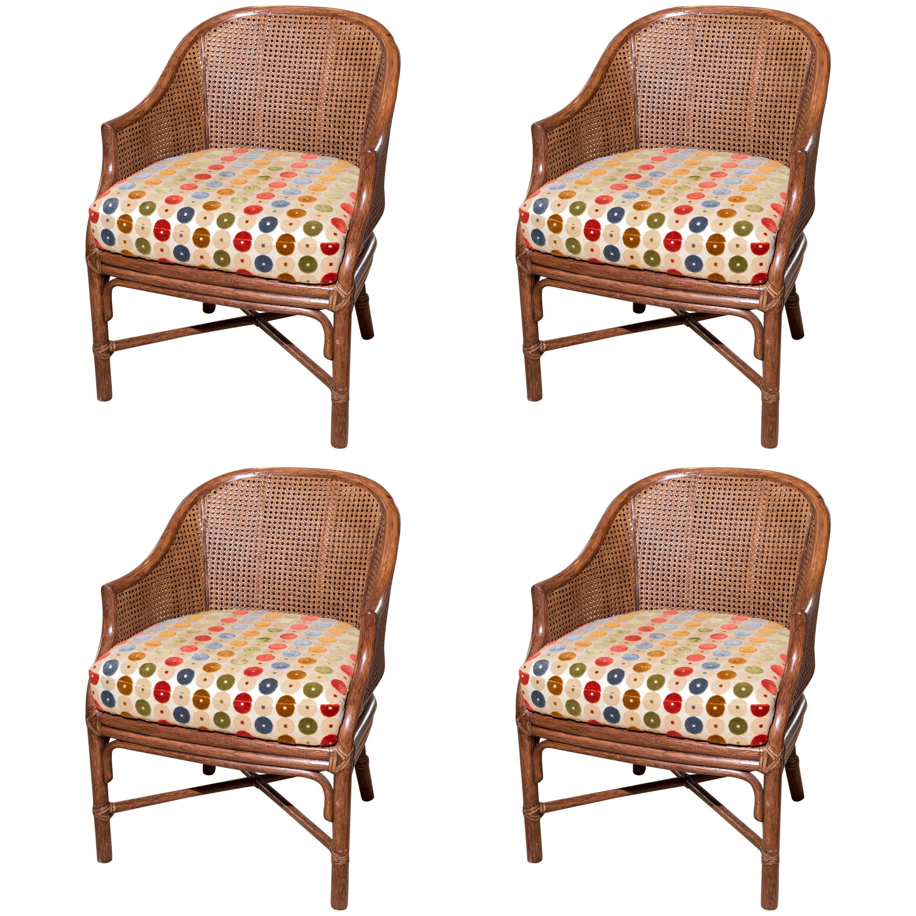 Set of Four Cane and Bamboo Barrel Back Chairs by McGuire