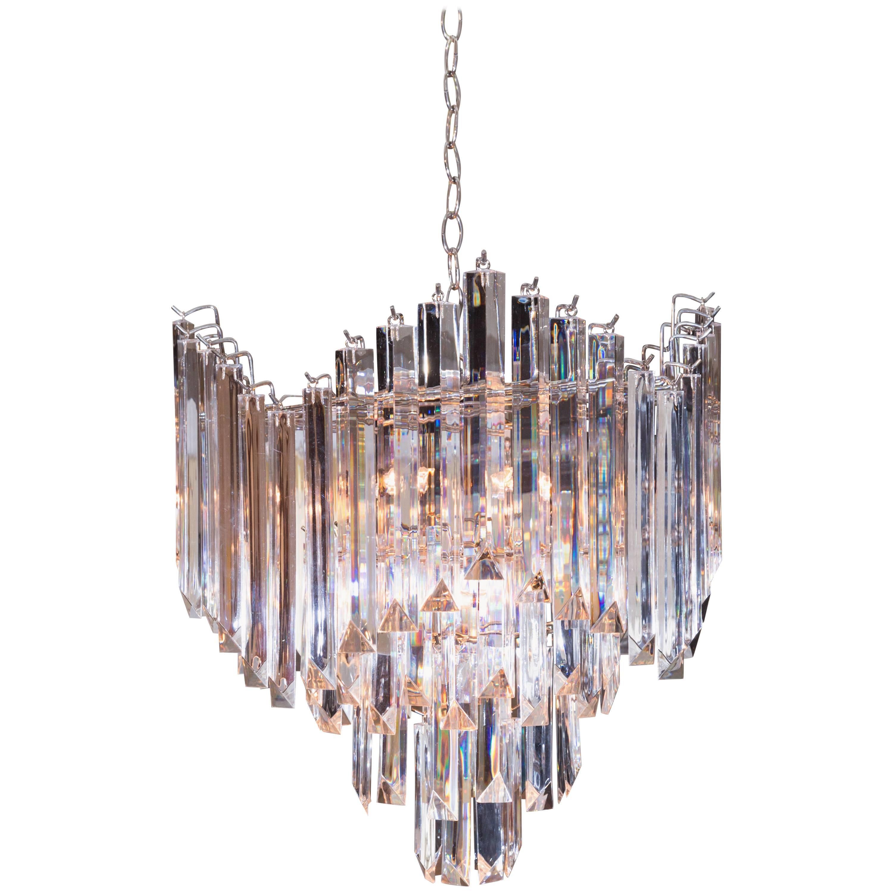 Beautiful Mid-Century Lucite Chandelier with Nickel-Plated Frame For Sale