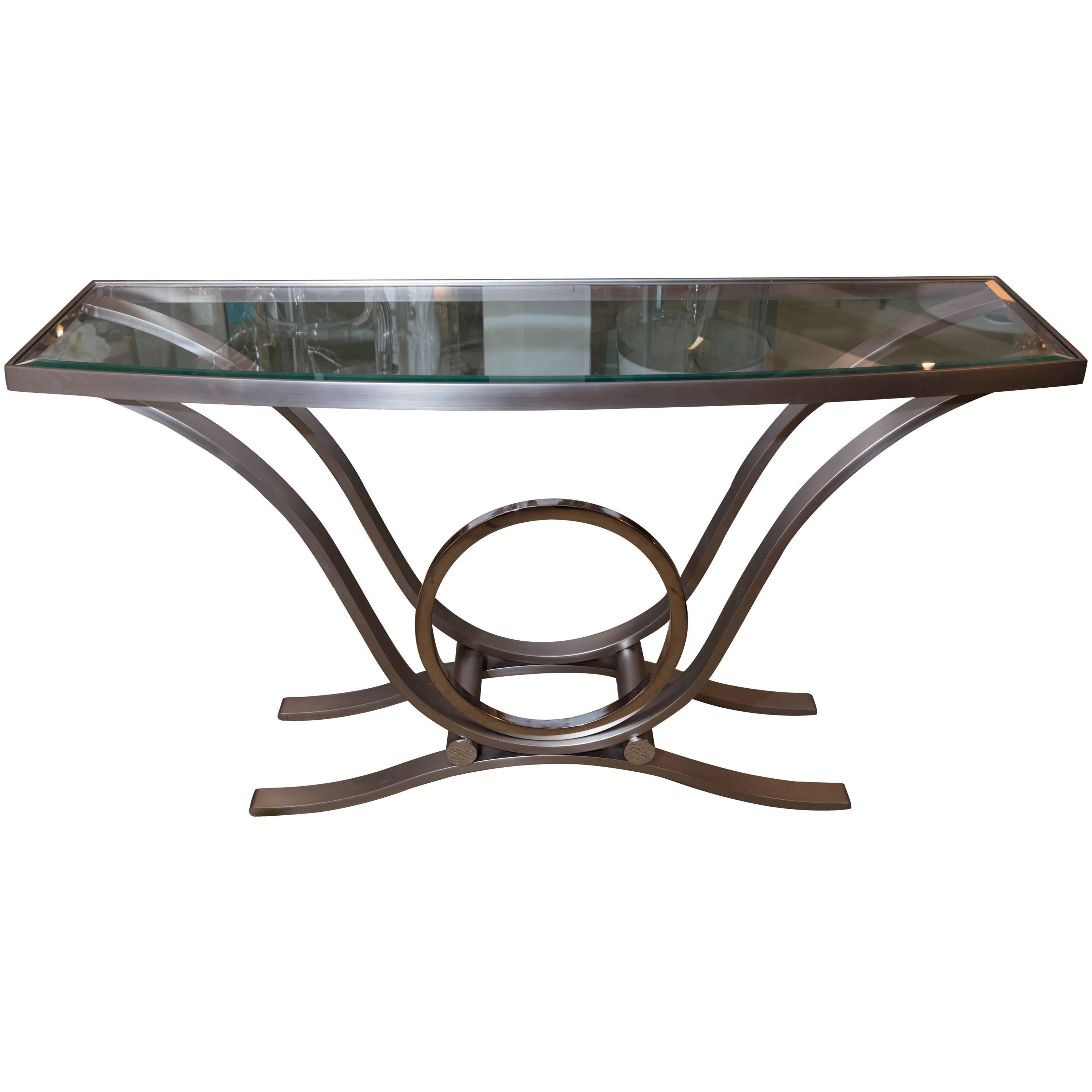 Attractive Metal Console with Inset Beveled Glass Top