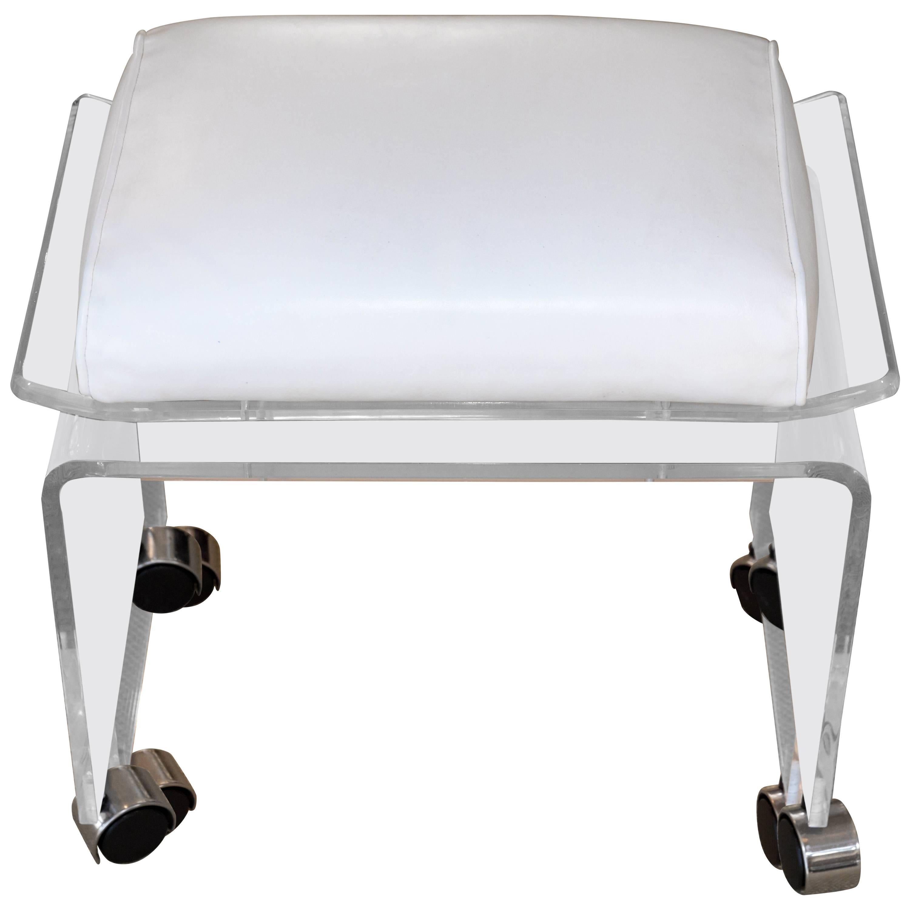 Mid-Century Lucite Bench on Castors with Leather Upholstery For Sale
