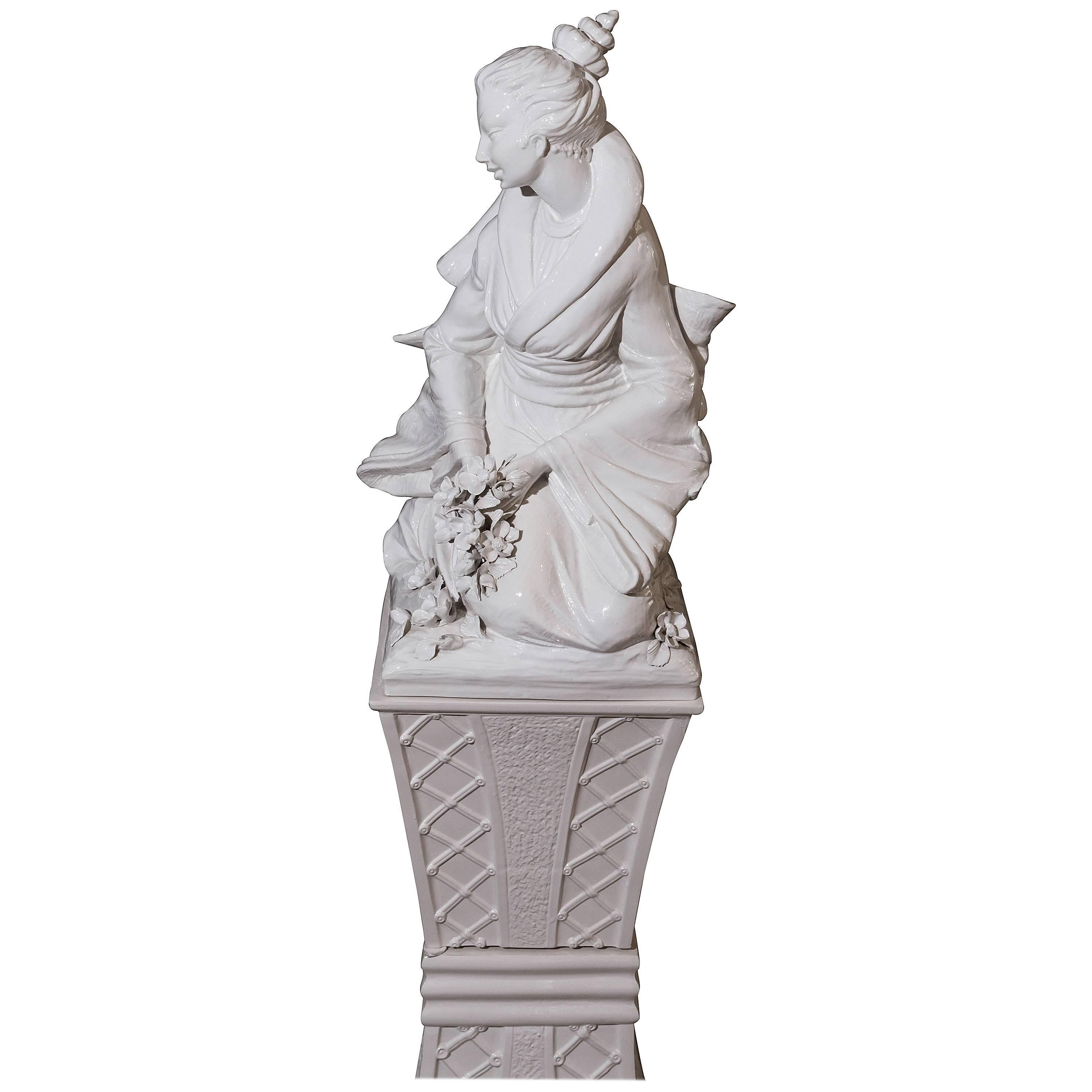 Ceramic Chinese Style Statue on Ceramic Column For Sale