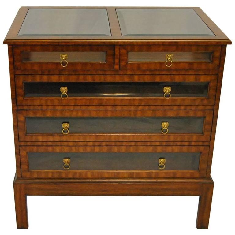 Satinwood Glass Top And Glass Front Five Drawer Chest By Maitland