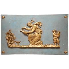 Large French Carved and Gilded-Slate Blue Painted Beechwood Panel 1