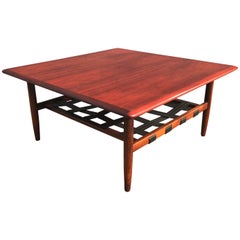 Mid-Century Danish Solid Teakwood Coffee Table with Black Leather Magazine Rack