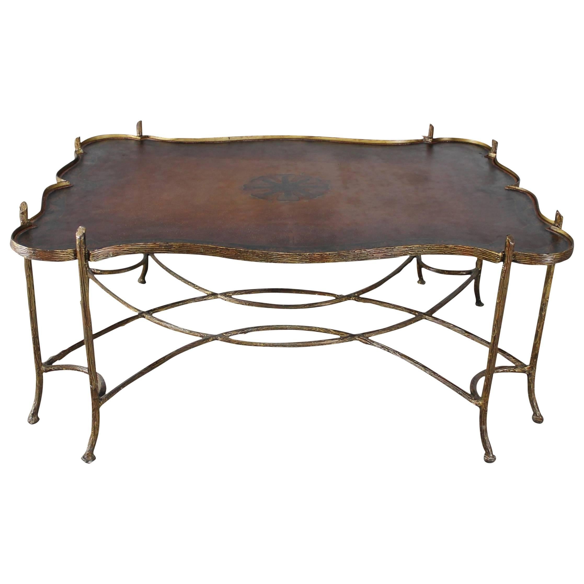Vintage Gilded Iron Faux Bois Coffee Table with Tole Painted Tray Style Top