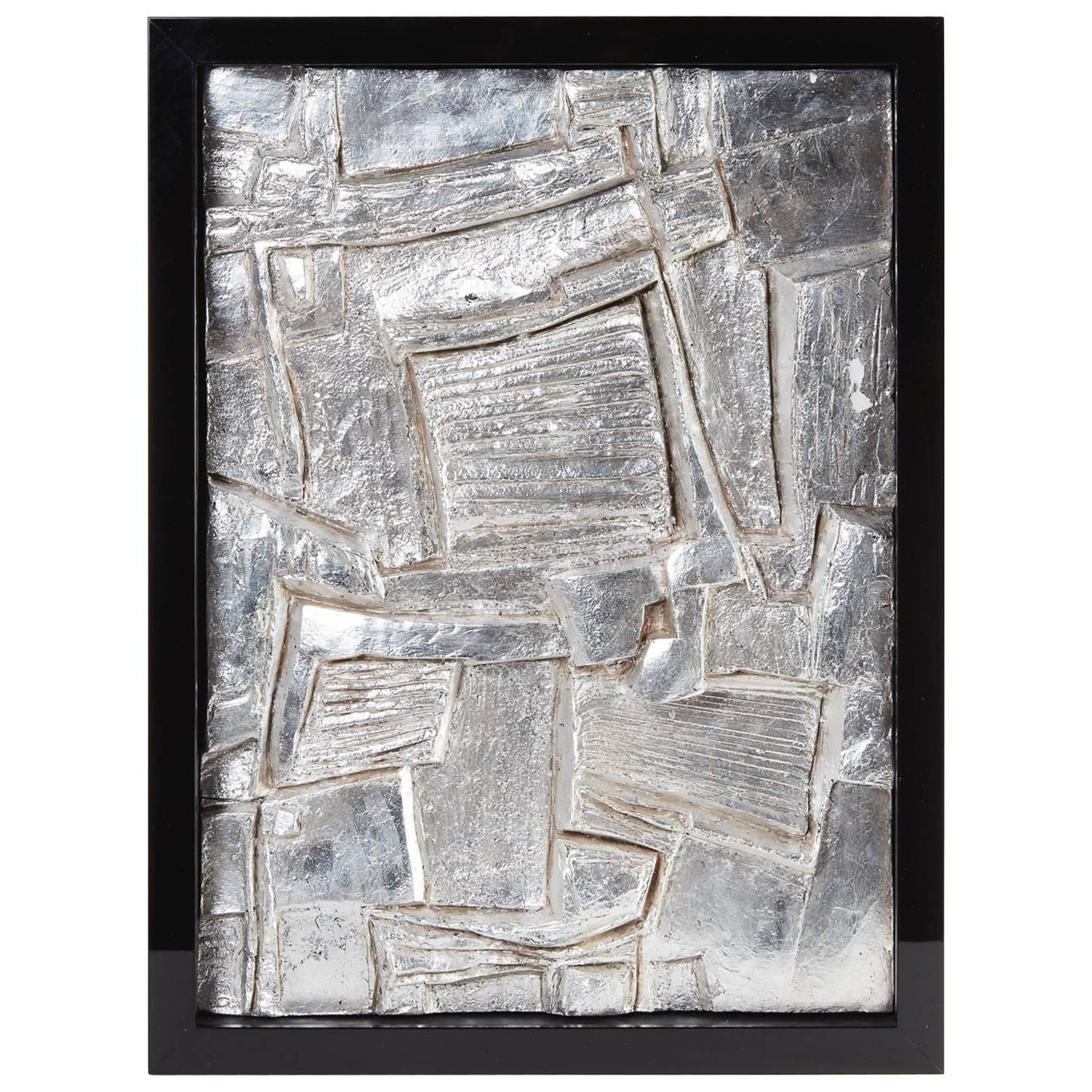 Sculpture abstraite française du milieu du 20e siècle encadrée en plâtre et feuilles de argent n° 2
