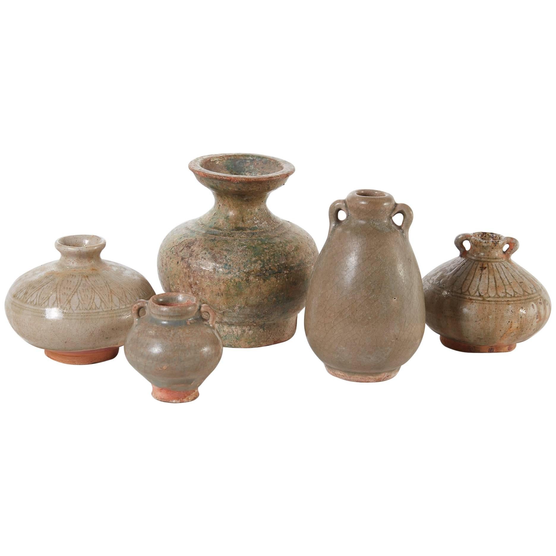 19th Century Collection of Small Celedon Thai Pots