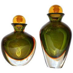 Formia Modern Italian Pair of Ovoid Yellow Green Orange Murano Glass Bottles 1