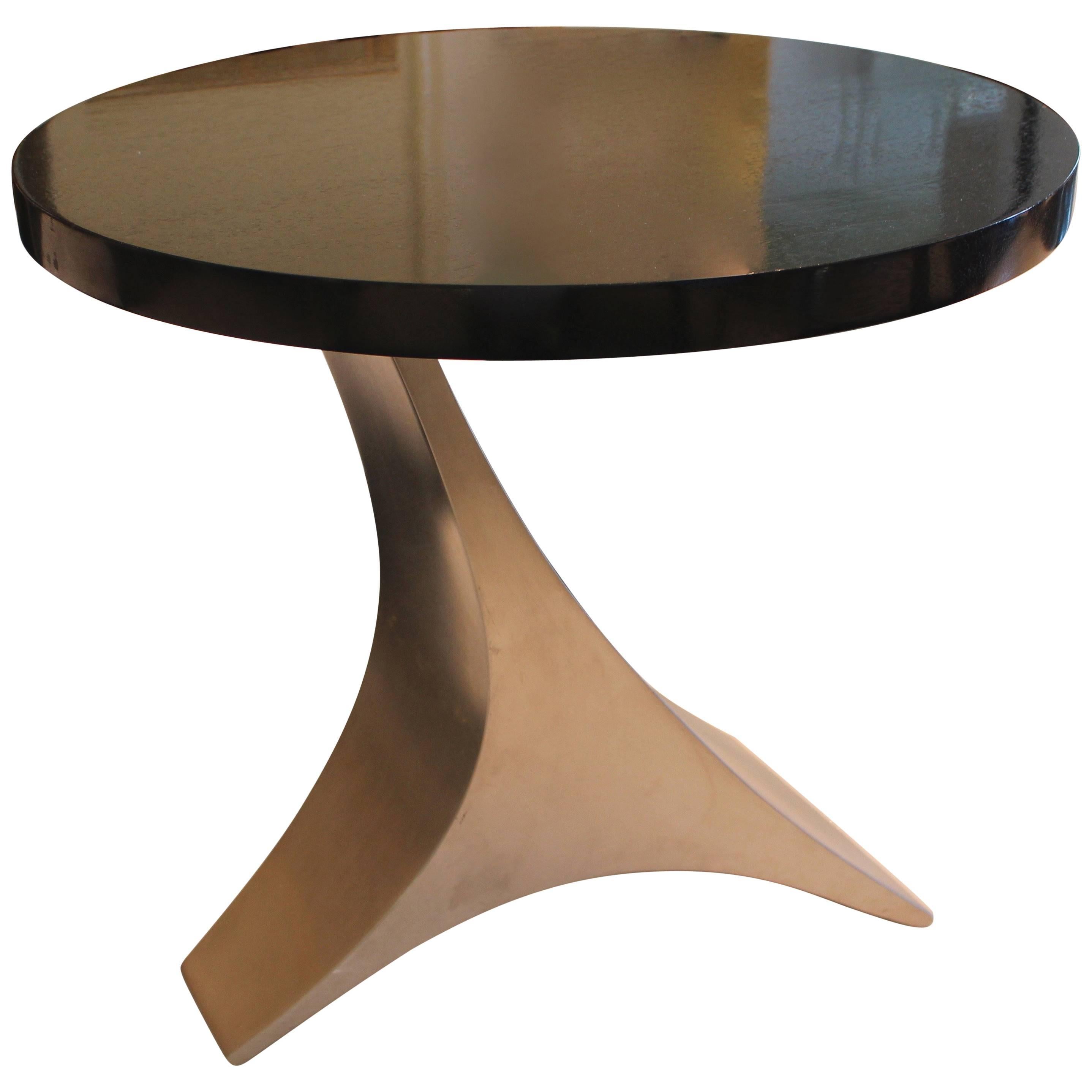 Small and Stylish End Table with Dark Brown Top over Curved Chrome Base