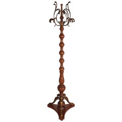 Italian 1940s Turned Walnut Coat Rack with Brass Accents