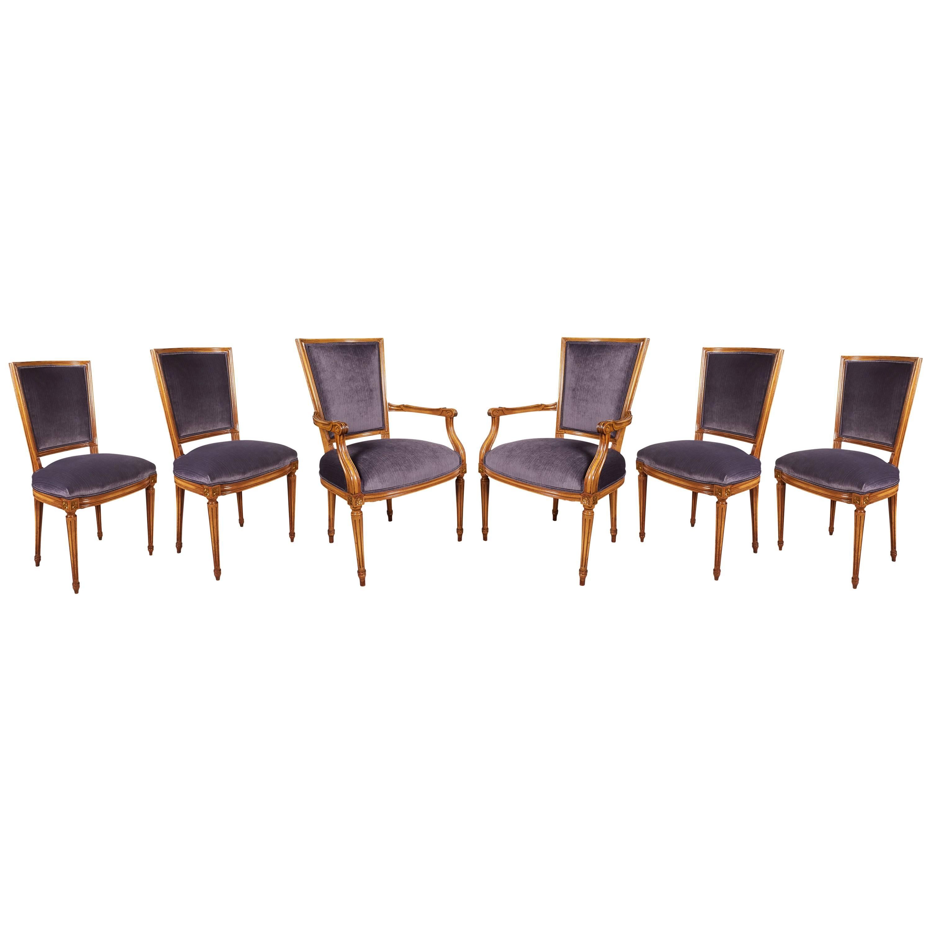 Set of Six Maison Jansen Louis XVI Style Dining Chairs in Lavender-Grey Velvet