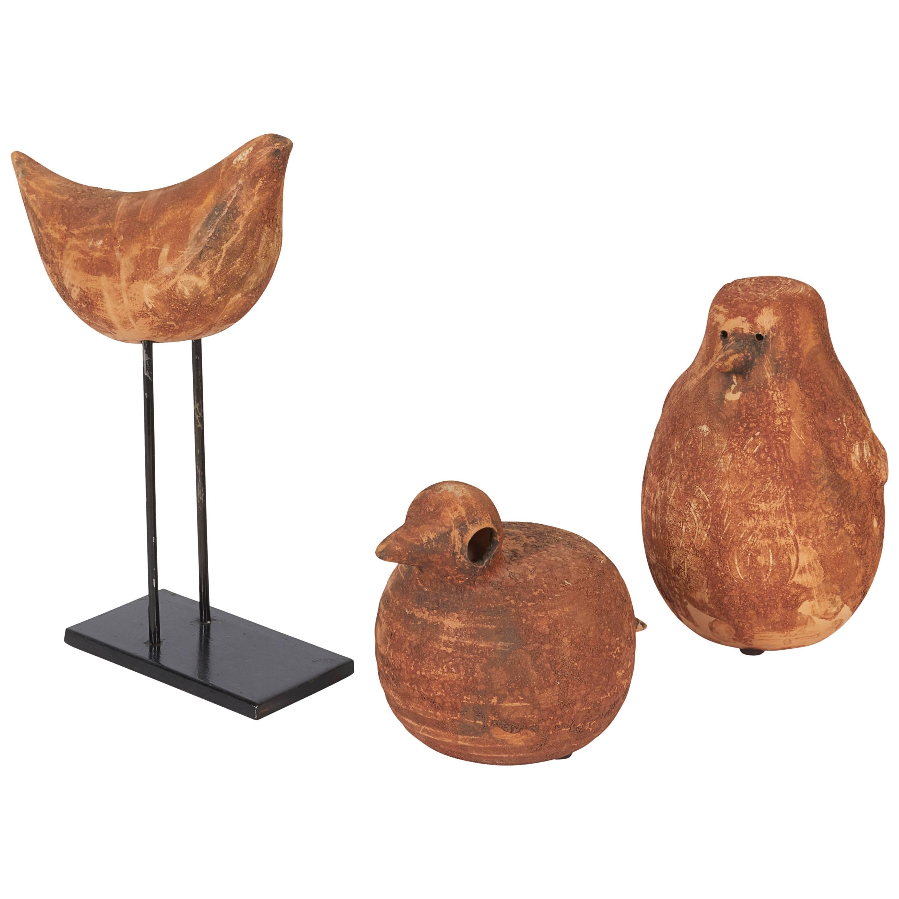 Set of Three Rare Aldo Londi for Bitossi Terracotta Bird Sculptures