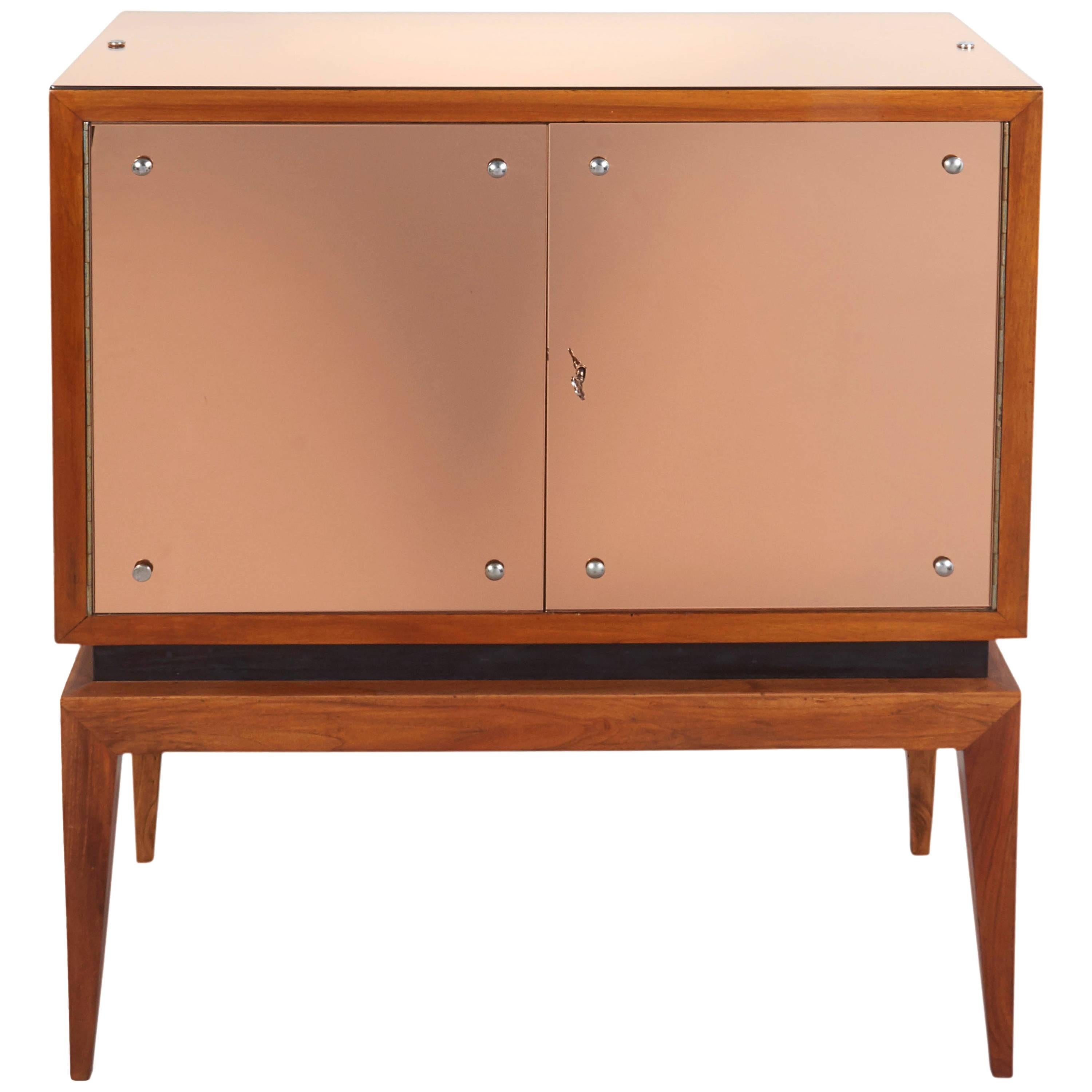 Mid-Century Modern Locking Cabinet with Rose-Tinted Mirrors