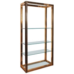 Milo Baughman Style 1970s Brass Etagere with Faux Leather Accent