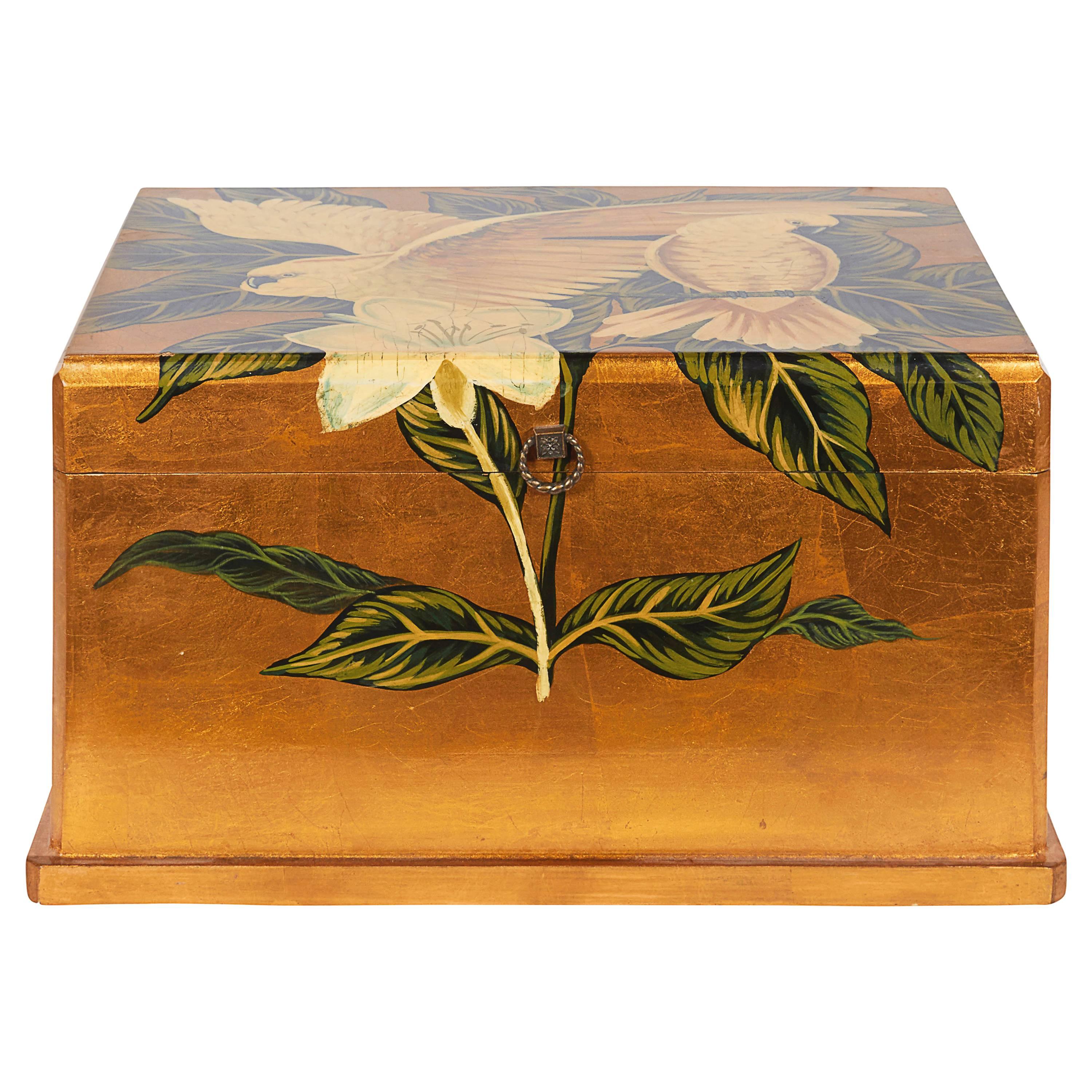 Hand-Painted Gold Leaf Jewelry Box with Cockatoos