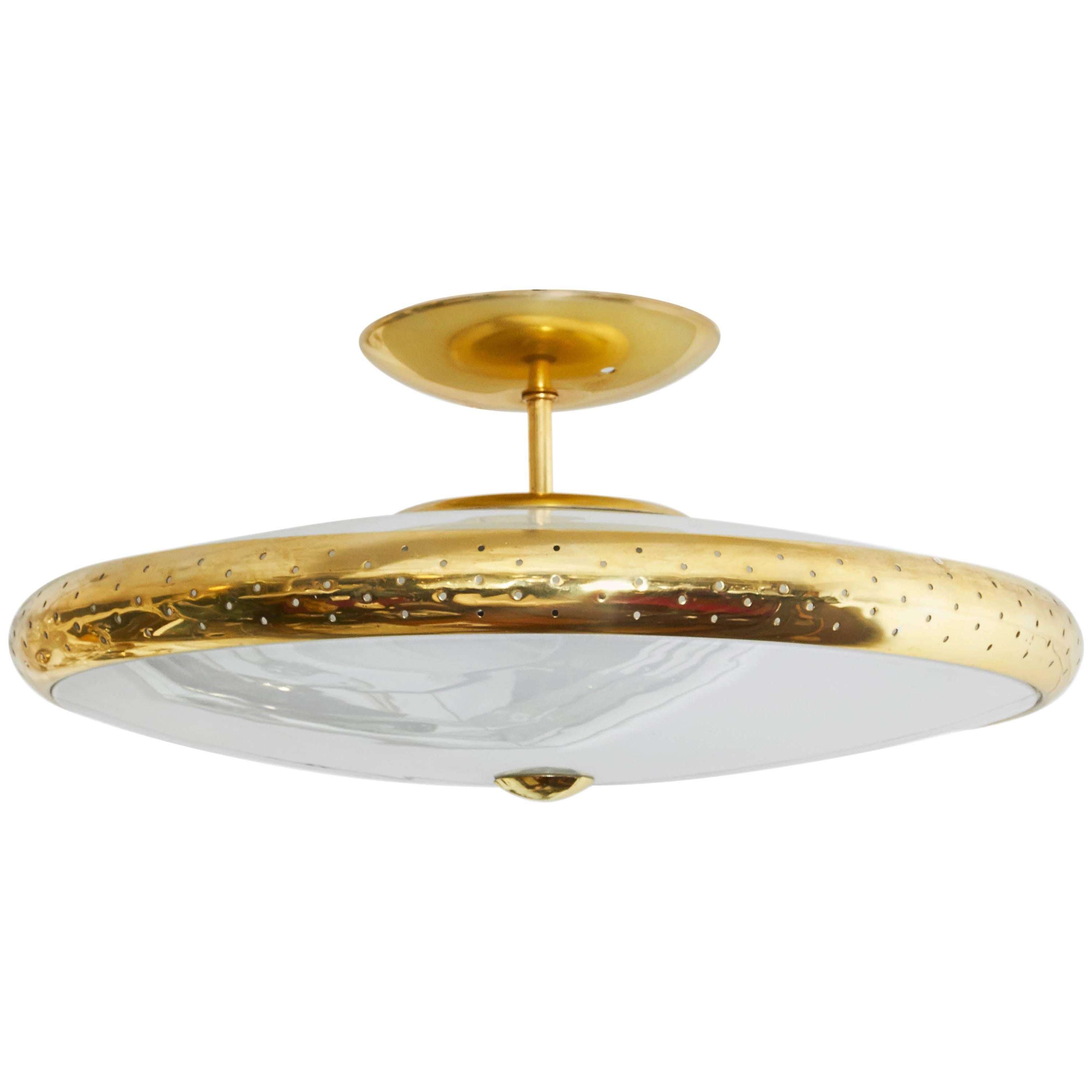 Mid-Century Modern Perforated Brass and Frosted Glass Saucer Pendant