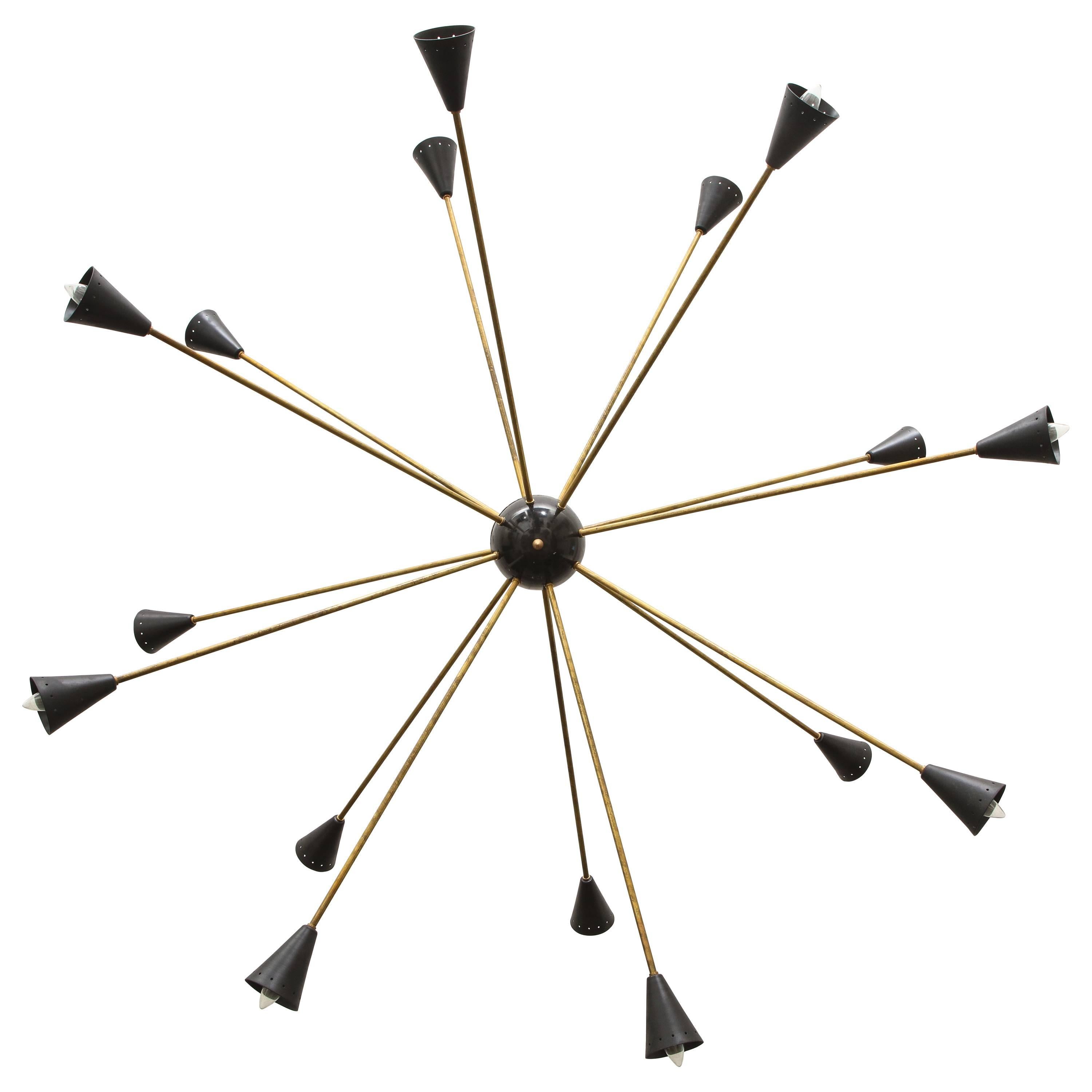 Large 16-Arm Sputnik Brass Black, Stilnovo Style Italian Mid-Century, 1950-1960