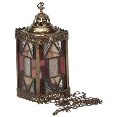 19th Century Brass and Stained Glass Lantern