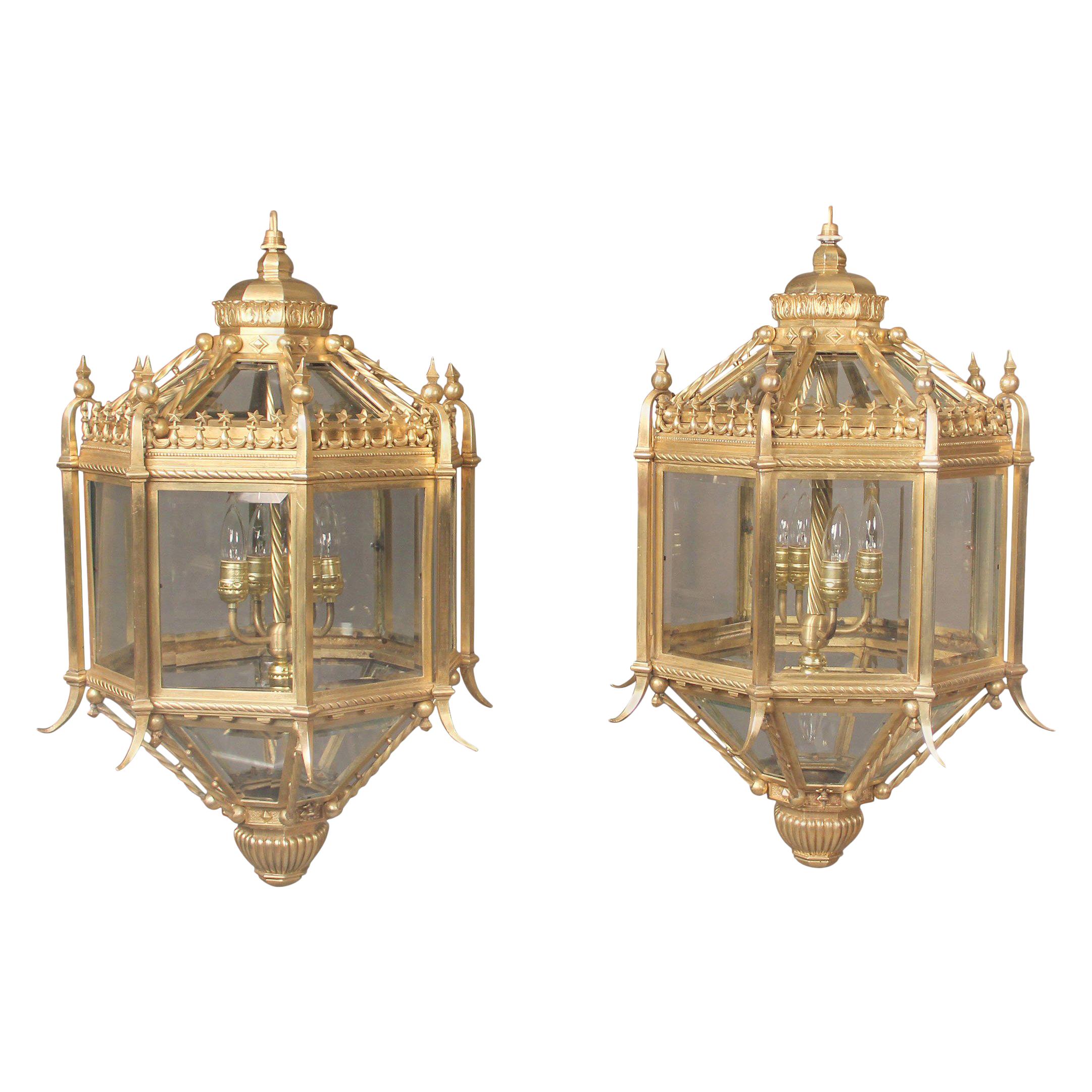 Fine Pair of Late 19th Century Gilt Bronze Five-Light Lanterns For Sale