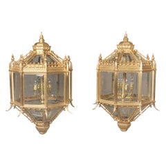 Antique Fine Pair of Late 19th Century Gilt Bronze Five-Light Lanterns