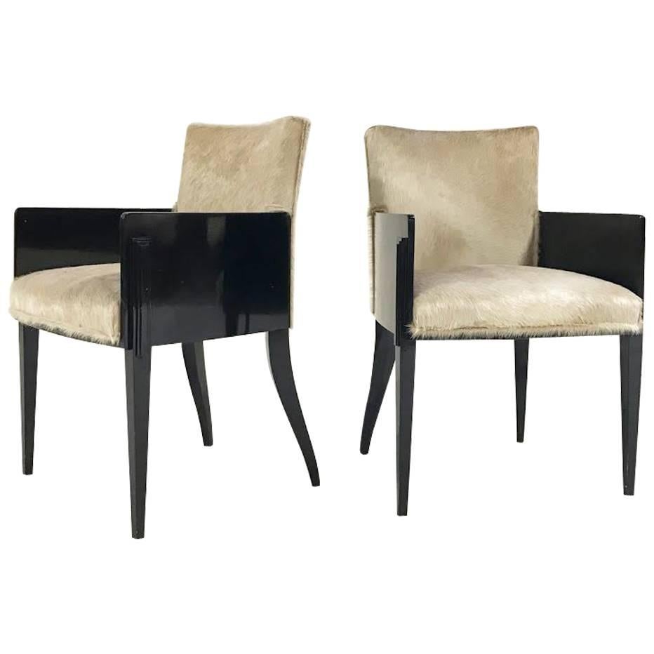 Pair of Art Deco Black Lacquered Armchairs in Brazilian Cowhide